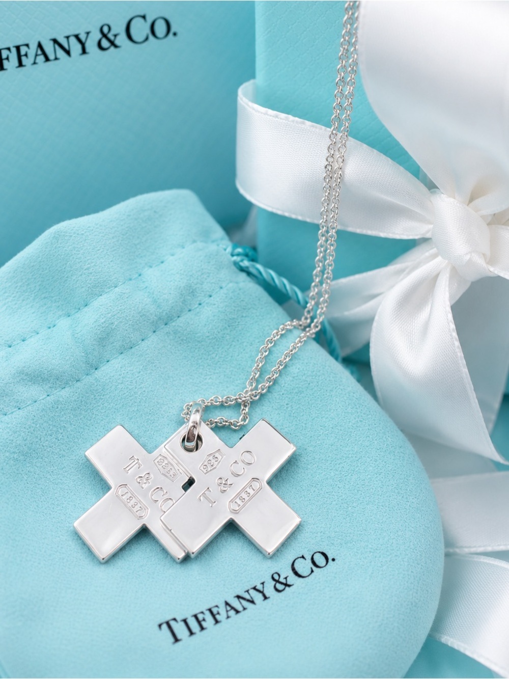 Authenticated Tiffany & Co 1837 Double Cross Necklace Sterling Silver Rare 18”